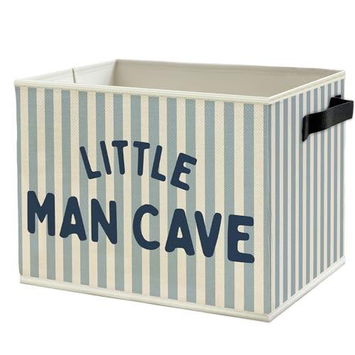Image of Little Man Cave Boys Storage Bins Box with Handles, Olive Blue Stripe Boho Collapsible Basket Organizer for Kids Boys Playroom Nursery Room Bedroom Bathroom Books Clothes