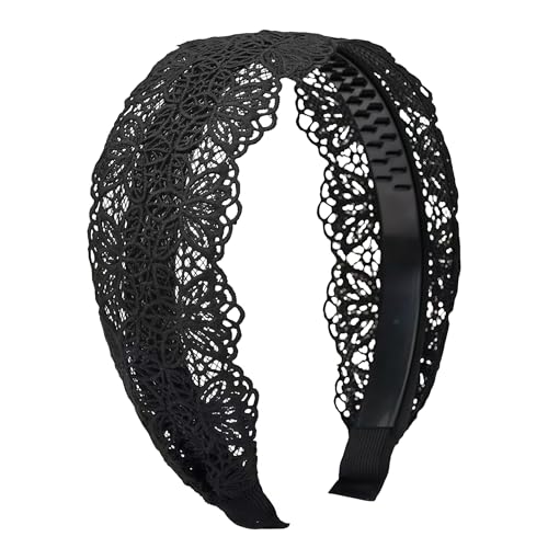 VASANA Black Wide Lace Headband Vintage Knit Pattern Hair Hoop Elastic Hairbands With Teeth Headwear Elegant Wide Hairband Stylish Accessories for Women