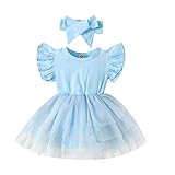 Baby Girl Ruffle Sleeve Romper Dress Infant Jumpsuit Tutu Skirt Set Newborn Princess Tulle Dresses Headband Outfit (Light Blue-Sleeveless, 3-6 Months)