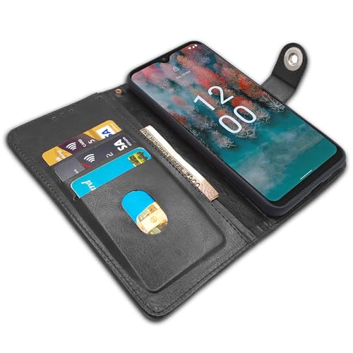 Image of Pikkme Nokia C12 / Nokia C12 Pro Flip Cover Leather Finish | Inside TPU with Card Pockets | Wallet Stand and Shock Proof | Complete Protection Button Flip Case (Black)