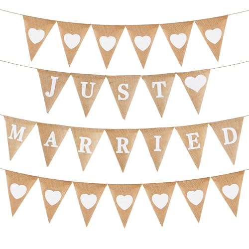Bannière JUST MARRIED Fanion Toile de Jute, Drapeaux Triangle Bannière de Cœur Vintage pour Mariage, Deco Mariage Champetre Guirlande Fanions Guinguette...