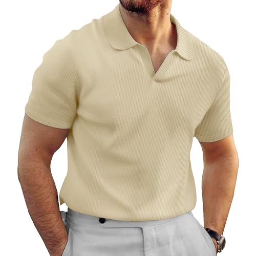 Men Waffle Casual Breathable T-Shirt Solid Lapel Thin Slim Fit Polo Shirts Summer Classic Comfy Street Crochet Tops (Khaki,X-Large)