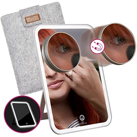 STYLPRO Makeup Vanity Mirror with Magnetic 10x Magnifying Mirror | Rechargeable | Dimmable LED Lights with Touch Screen Button | Adjustable Stand | Soft Luxury Travel Case | USB Charging Cable Cover