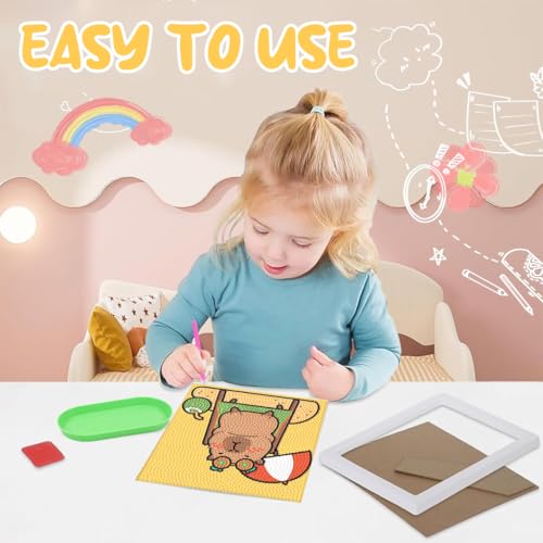 Image of PATPAT Diamond Painting Kit Capybara 7 Inch Wooden Frame DIY Craft for Kids | Creative Focus, Quiet Activity, Capybara Artwork, Wooden Display, Easy Setup for Home Crafting