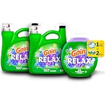 Bundle of Gain Liquid Laundry Detergent, Relax, 54 fl oz, 107 Loads + Gain Super Sized flings! Laundry Detergent Soap Pacs, Relax, with Febreze & Oxi, Dewdrop Dream Scent, 32 count