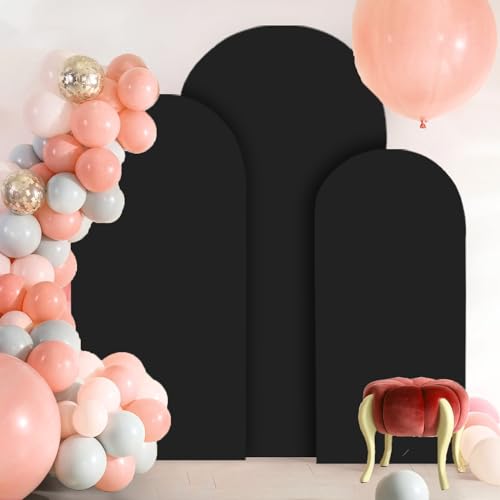 Image of FOTSHARER Set of 3 Wedding Arch Covers 4FT 5FT 6FT Black Arch Backdrop Cover 2-Sided Spandex Arched Fabric Cover Round Top Backdrop Covers Balloon Arched Stand Cover for Party Bridal Shower Ornaments