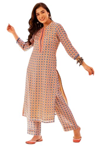 Ensemble Kurta orange en viscose taille 42 avec pantalon imprimé pour femme