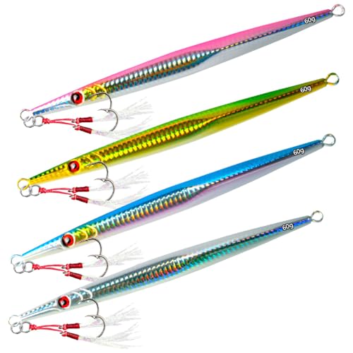 Tief Schnell Sinkende Meeresfischköder, WASAGA 4 stücke 60g/80g/160g/200g Hartmetall Meer Spinner Fischköder für Barsch Bass Makrele & Jigging Köder (14.6cm-60g-4pcs)