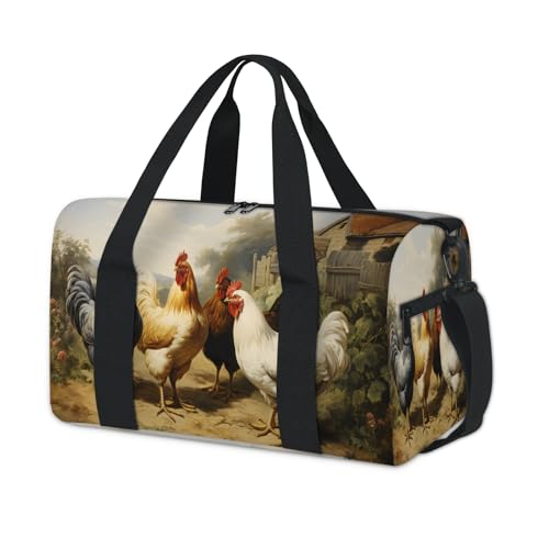 Farmhouse Rooster Chicken Sports Duffle Bag for Travel Waterproof Carry on Tote Bag with Adjustable Strap Travel Weekender Overnight Bags for Dance, Swim
