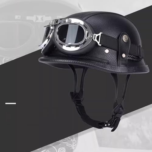 Jethelm Retro, Motorradhelm Jethelm Roller-Helm, Deutscher Stil Halbschale Helm, Herren Und Damen Vintage Halbgesicht Chopper Helm, Scooter-Helm, Mit Handschuhe Brille, ECE-Zugelassen ( Color : Black