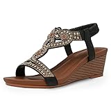 WOJWSKI Women's Slide Wedge Sandal Rhinestone Open Toe High Heel Roman Summer Platform sandals, Black, 8