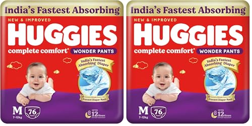 Image of Huggies Complete Comfort Wonder Pants | Pant Style Baby Diapers Medium Size (M), 76 Count | India's Fastest Absorbing Diaper, Prevents Diaper Rash, Ideal for 7 to 12 Kgs (Pack of 2)