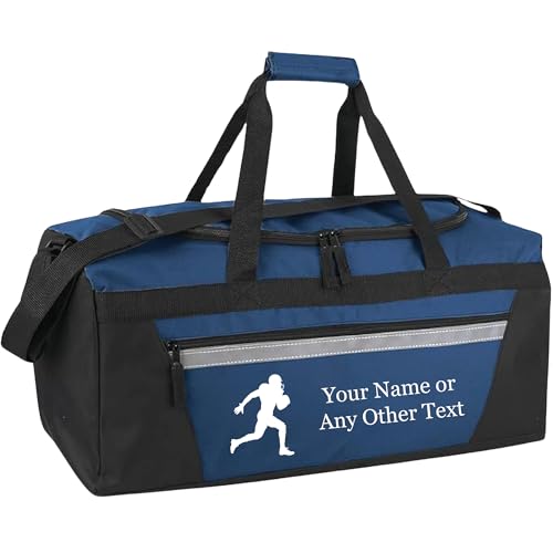 Personalized Sports Duffel Bags for Men and Women - 22” Customized Travel Duffle with Name & Football Design - Water Resistant Two-Toned Overnight Weekender Bag - Navy