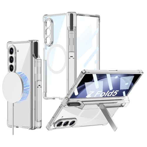 Coque Samsung Z Fold 5 avec protège-charnière, stylo et support blanc