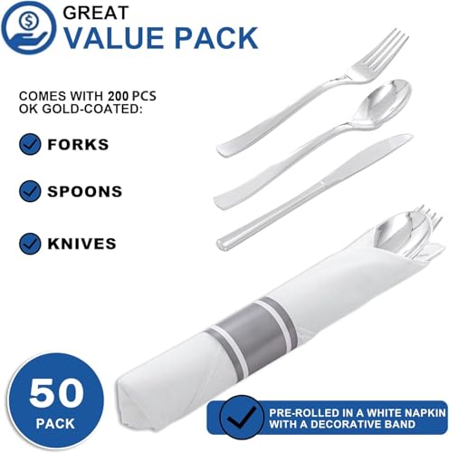 50Guests Pre Rolled Silver Plastic Silverware Sets - Heavy Duty Silver Cutlery - Include 50 Pack Wrapped Disposable Utensils with Napkins for Parties & Dinners & Weddings - Image 6