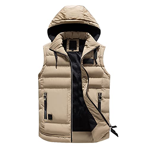 Men's Hooded Puffer Vest Fleece Lined Full Zip Winter Warm Sleeveless Padded Jackets Lightweight Casual Outdoor Waistcoat Khaki #TOP8