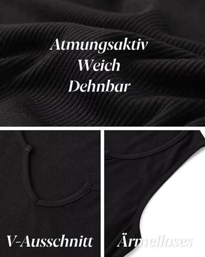 RIROW Damen Tank Top Ärmellos Gerippt Trägertop Slim Fit V-Ausschnitt Cut-Out Basic Sommer Oberteil XXL Schwarz