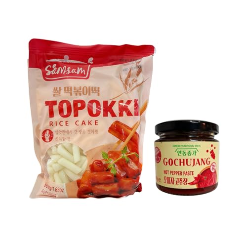 SamSam Topokki Rice Cake 500g Combo - Choice of Korean Vegan Kimchi 180g or Traditional Gochujang (Hot Pepper Paste) 180g (Topokki + Hot Pepper Paste)