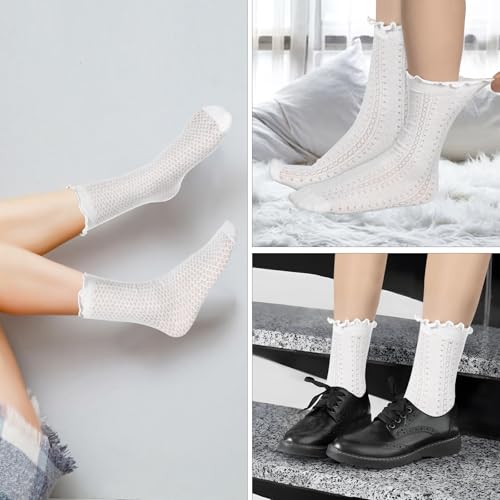 Ouligay 3 Pairs White Ruffle Ankle Socks Women Cute Casual Cotton Summer Mesh Ruffle Frilly Ankle Socks for Women3