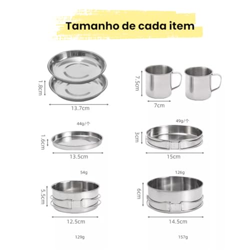 KIT PANELAS EM INOX CAMPING COZINHA ACAMPAMENTO COMPLETO 8 PEÇAS PANELA VIAGEM PRAIA PESCA