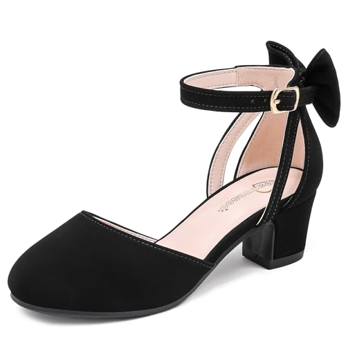 Image of Girls Heels Dress Shoes Flower Girl Pumps with Cute Bow Closed Toe | Princess Shoes,High Heels,Chunky Heel,Adjustable Buckles,Toddler,Little Girl,Big Kid,Wedding,Birthday Party,Formal,Pageant