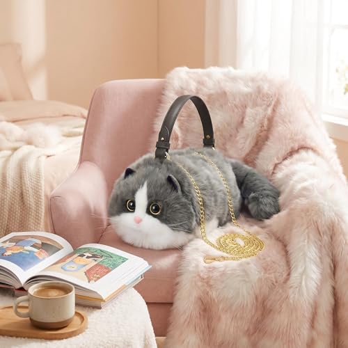 Image of Realistic Puffy Plush Cat Shaped Crossbody Handbag for Women
