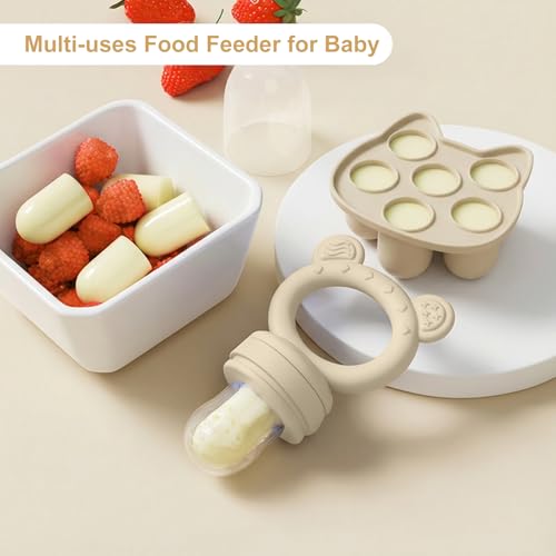 Image of Baby Breastmilk Popsicle Molds & Baby Fruit Feeder, Infant Food Freezer Tray Storage Containers, Silicone Teething Pacifier Feeder and Teether for Babies,Boys and Girls-Beige