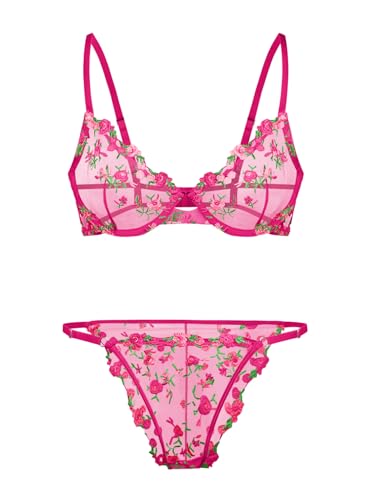 Image of Lilosy Sexy Floral Embroidered Mesh Sheer Underwire Lingerie Set