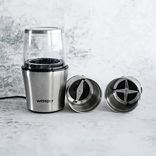 Wessper Gewürz und Kaffee Mühle MINIMILL mit 2 x 70g Edelstahlbehälter, Schlagmesser & Spezialmesser für Kaffeebohnen… – Bild 4