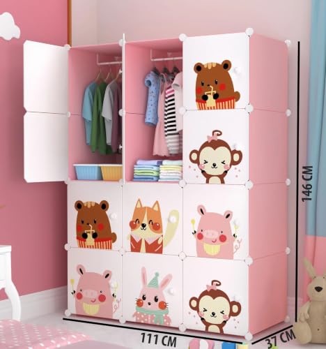 Image of 12 Door Plastic Wardrobe for Kids - Cupboard for Clothes Storage Rack, Almirah for Clothes, Baby Collapsible Wardrobe, Multi-Purpose Kids Storage Organizer for Books,Toy (Pink-KTA1, 12-Door)