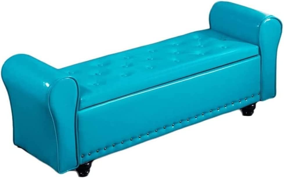 Repose-pieds cube bleu avec coffre de rangement et assise en similicuir