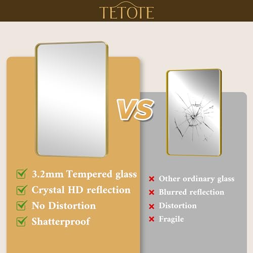 Image of TETOTE 24 x 30 Gold Bathroom Mirror Brushed Gold Metal Framed Vanity Mirror, Tempered Glass, Wall Mounted for Bathroom, Entryway, Bedroom, Living Room(Horizontal /Vertical)