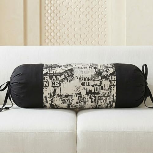 Image of SAJAVAT HOME Black & White Printed Bolster Cover Set of 1 | 32x15 Inch Side Pillow Cover with Adjustable Ties for Sofa, Couch & Diwan | Stylish Round Pillow Cover