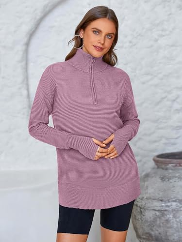 Image of PRETTYGARDEN Womens Long Sleeve Quarter Zip Pullover Sweater | Casual Loose V Neck Sweaters with Thumb Hole, Collared Ribbed Knit Jumper Tops, Oversized Tunic Tops, Fall Outfits 2026