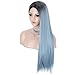 K'ryssma Fashion Blue Ombre Wig with Dark Roots Long Straight Synthetic Wig with Middle Part Blue Wigs for Women Heat Resistant 22 inches