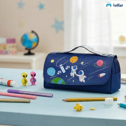 Image of FunBlast Multi-Purpose Pouch - Double Compartment Large Capacity Pouch - Happy Planet Zipper Pencil Case for Kids, Pencil Box for Kids, Stationary Pouch for Students School Supplies (Navy Blue-A)