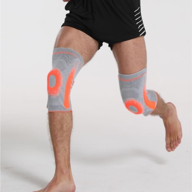 Exercise, protection Knee Pads Silicone Anti-drop Shock-absorbing Spring Woven Sports Indoor and Outdoor for Fitness, cycling, running, playing football(Orange,Medium)
