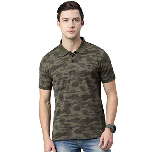 Urbano Fashion Men’s Green Military Camouflage Printed Slim Fit Cotton Polo T-Shirt