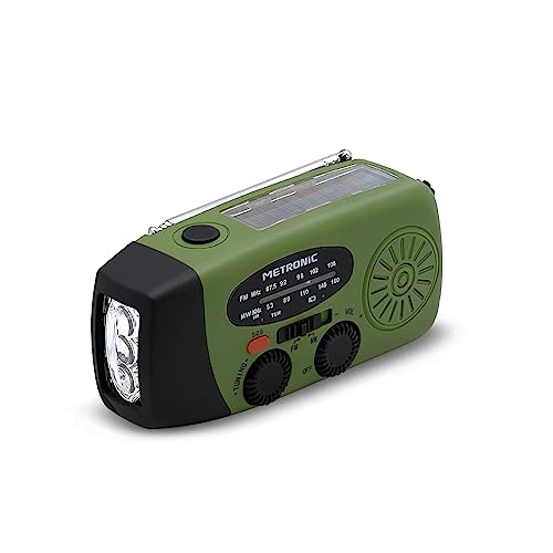 Metronic 477216 - Radio Solar de Emergencia, Radio FM/Am con manivela, Radio portatil, función powerbank Solar 2000mAh, Linterna sin Pilas con Dinamo LED, botón SOS, doméstica y de Camping
