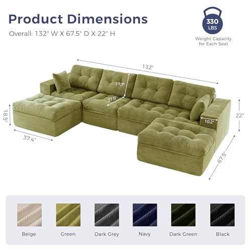 Image of MAXYOYO 132 inch U Shaped Modular Sectional Sofa with 2 Ottomans, Cloud Boneless Couch with Layered Cushion, Flexible Module Combination Sofa for Living Room, No Assembly Required, Green