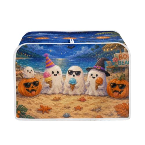 Image of Talayituse Beach Ghost Pumpkin Print Toaster Cover 2 Slice Wide Slot, Lightweight Bread Maker Cover Dust Protection Washable Appliance Bag Halloween Decor, S