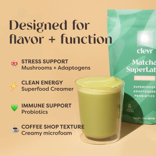 Clevr Blends Organic Matcha Green Tea Latte, Instant Ceremonial Grade Matcha, Superfood Powder Blend with Oat Milk, Lions Mane, Reishi Mushroom, Coconut Cream, Ashwagandha, Serve Hot or Iced, 12 oz - Image 5