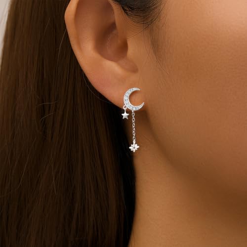 Moon And Star Earrings for Women Sterling Silver Post Stud Earring Hypoallergenic Dangle Earrings With Star Drop Women Gifts3