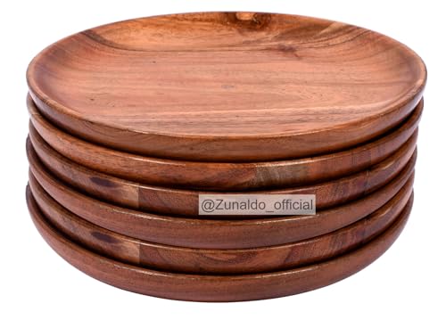 Image of Handcrafted Wooden Plates | Appetizer Round Serving Tray for Kitchen Dining Room | 7 Inch | Set of 6 |