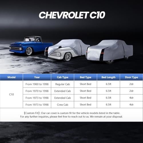 Image of Multi-Layer Ford F100 Truck Cover, Custom fit F100 1953-1983 Regular /Extended /Crew Cab SB(6.4'-6.5') Car Cover Waterproof All Weather, Full Exterior Cover Rain Wind and UV Protection with Door Zipper