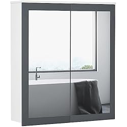 Estanterias Con Puertas Baratas kleankin Armario de Baño con Espejo Armario de Baño para Colgar Mueble de Baño Suspendido con 2 Puertas de Vidrio y Estantes Ajustables 69x17x75,5 cm Blanco