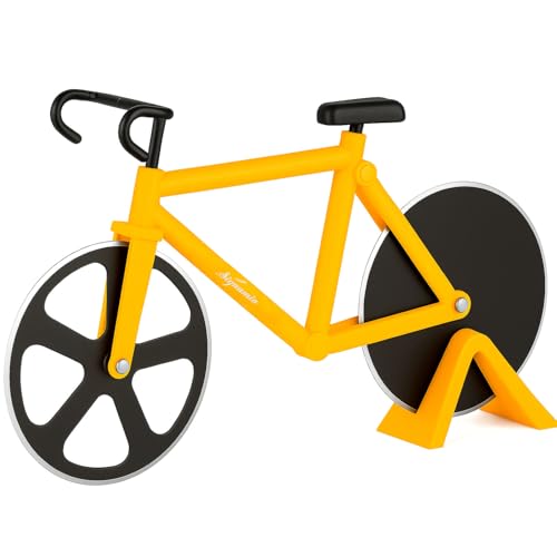 Image of SIGNAMIO Bicycle Pizza Cutter and Sandwich Slicer - Yellow, Ergonomic Non-Slip Handle, Stainless Steel Pizza Wheel for Kitchen, Ideal Roti, Paratha, Chapati, Brownie & Slice Cutter