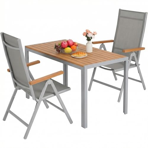 LIFERUN Juego de Muebles de Jardín 3 Piezas Aluminio, Mesa WPC 110x70 cm + 2 Sillas Plegables con Respaldo Alto, Muebles de Exterior Resistentes a la Intemperie para Terraza y Balcón,Teca+Gris Claro