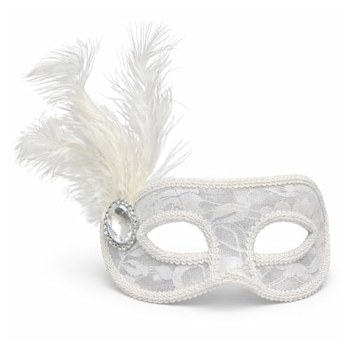 Image of Wanna Party White Lace Feather Eye Mask for Women - Elegant Net Masquerade Party Mask with Feather & Elastic Strap for Halloween, Carnival, Costume & Theme Parties