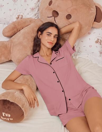 Image of Ekouaer Womens Pajamas Set Soft Classic Notch Collar Bride Pjs Comfy Short Sleeve Sleepwear Loungewear